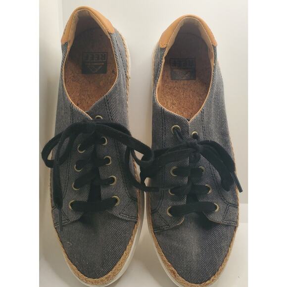 Reef Women's Size 8 Blue Lace-up Denim Sneakers Jute Edge Cork Sole Style C15360 - Picture 2 of 8